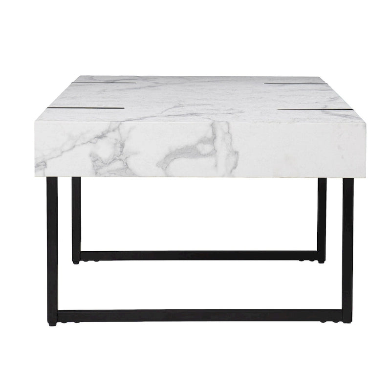 White Faux Marble Top Rectangular Coffee Table, Metal Frame, 1-Seat Living Room