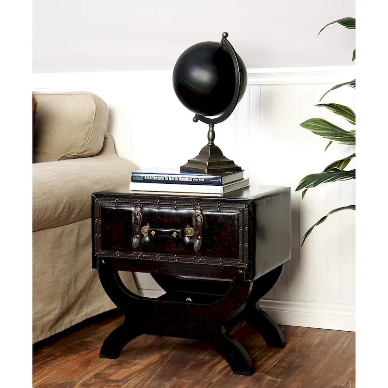 Brown Faux Leather Vintage Accent Table with 1 Drawer, Curved Base & Middle Shelf