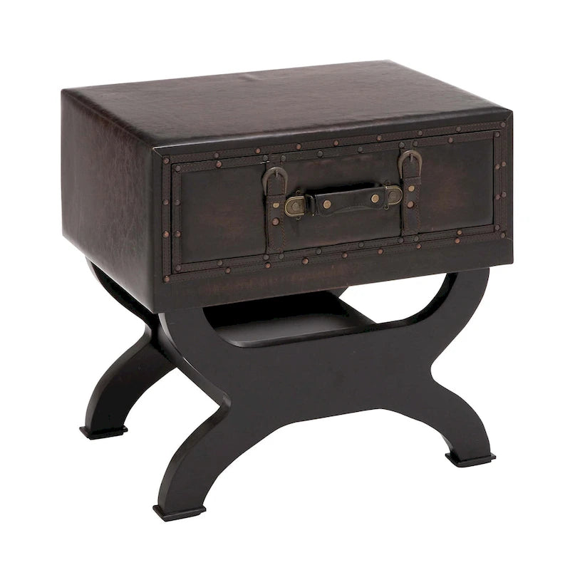Brown Faux Leather Vintage Accent Table with 1 Drawer, Curved Base & Middle Shelf