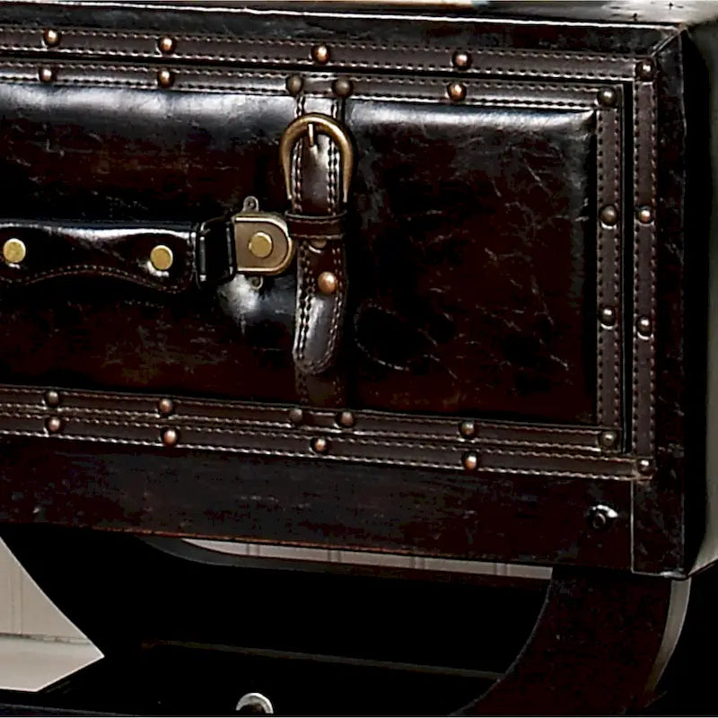 Brown Faux Leather Vintage Accent Table with 1 Drawer, Curved Base & Middle Shelf