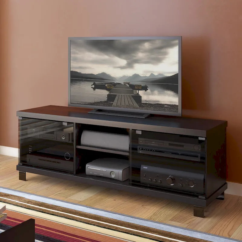 Black TV Stand with Tinted Glass Doors & Adjustable Shelves, Fits 1 TV up to 75 in