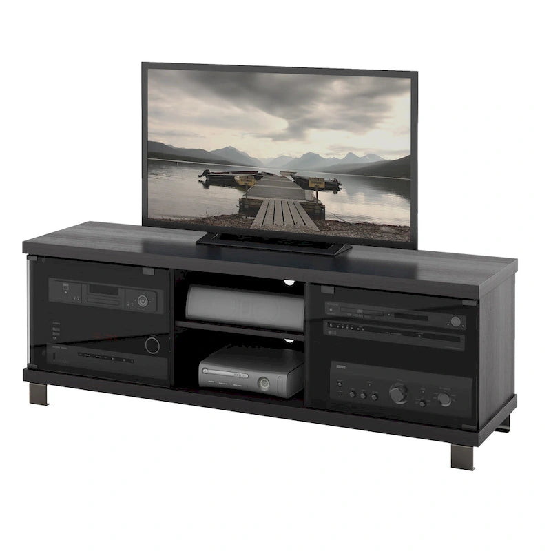 Black TV Stand with Tinted Glass Doors & Adjustable Shelves, Fits 1 TV up to 75 in