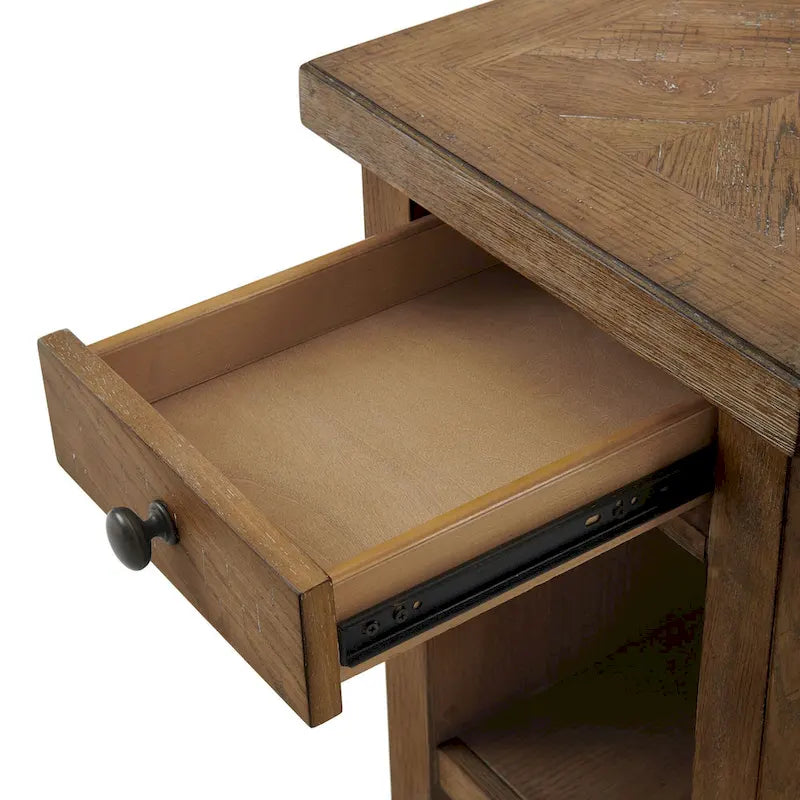 Brown Weathered Oak Chairside Table with 1 Drawer & Fixed Shelf – Sunburst Veneer Top