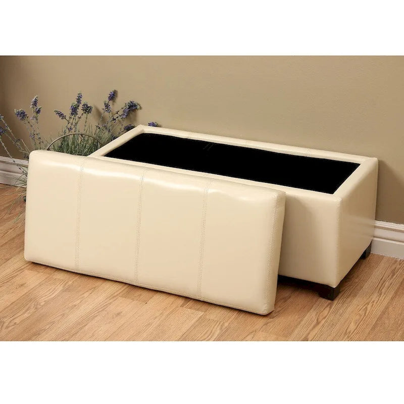 Off-White Faux Leather Storage Bench, 1-Seat, Large