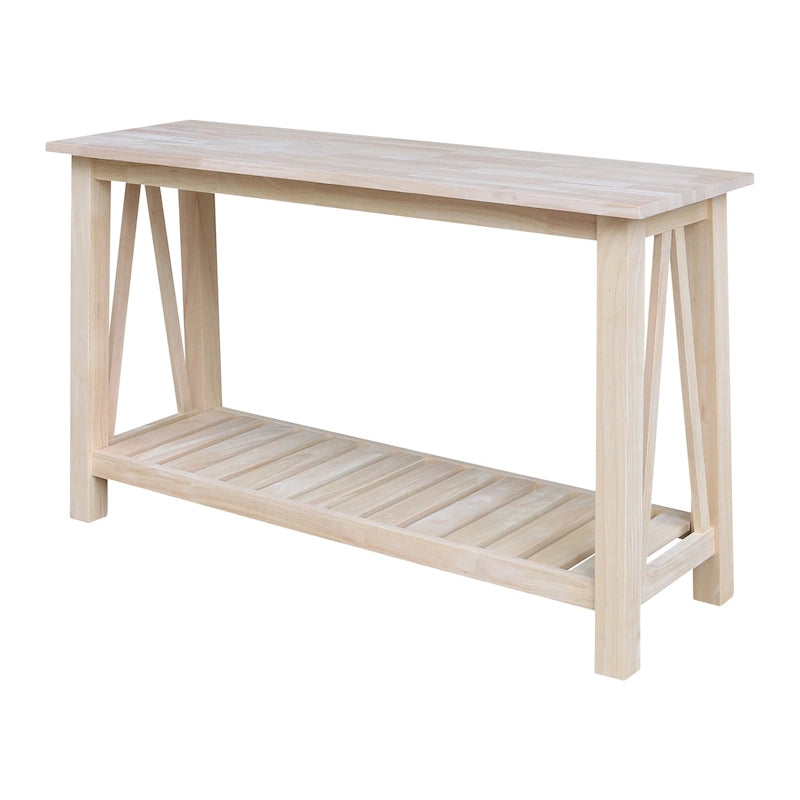White / Unfinished / Blue Solid Parawood Console Sofa Table with Lower Shelf – Butcher Block Top