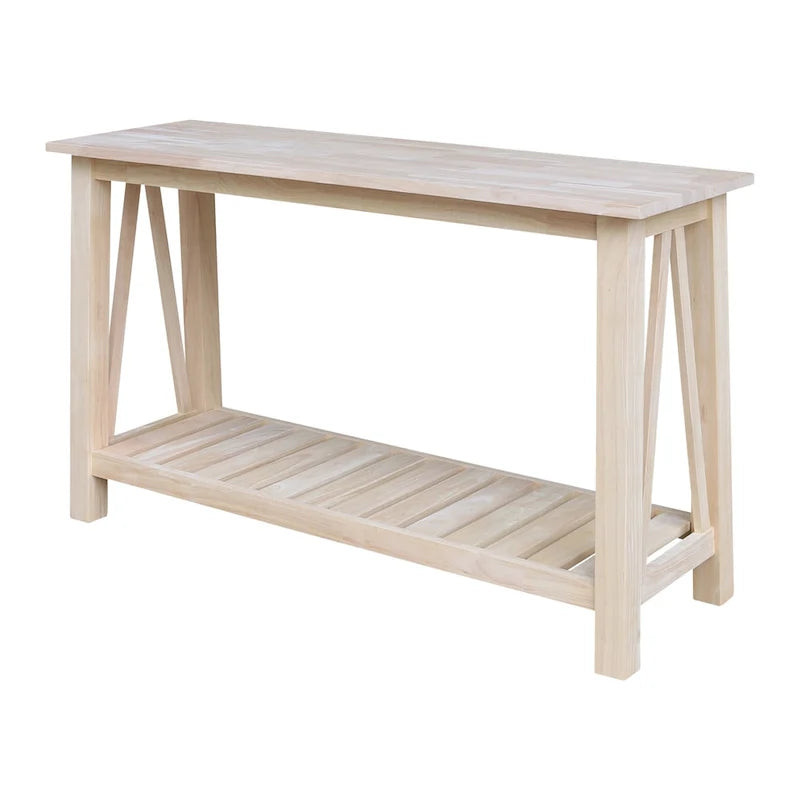 White / Unfinished / Blue Solid Parawood Console Sofa Table with Lower Shelf – Butcher Block Top