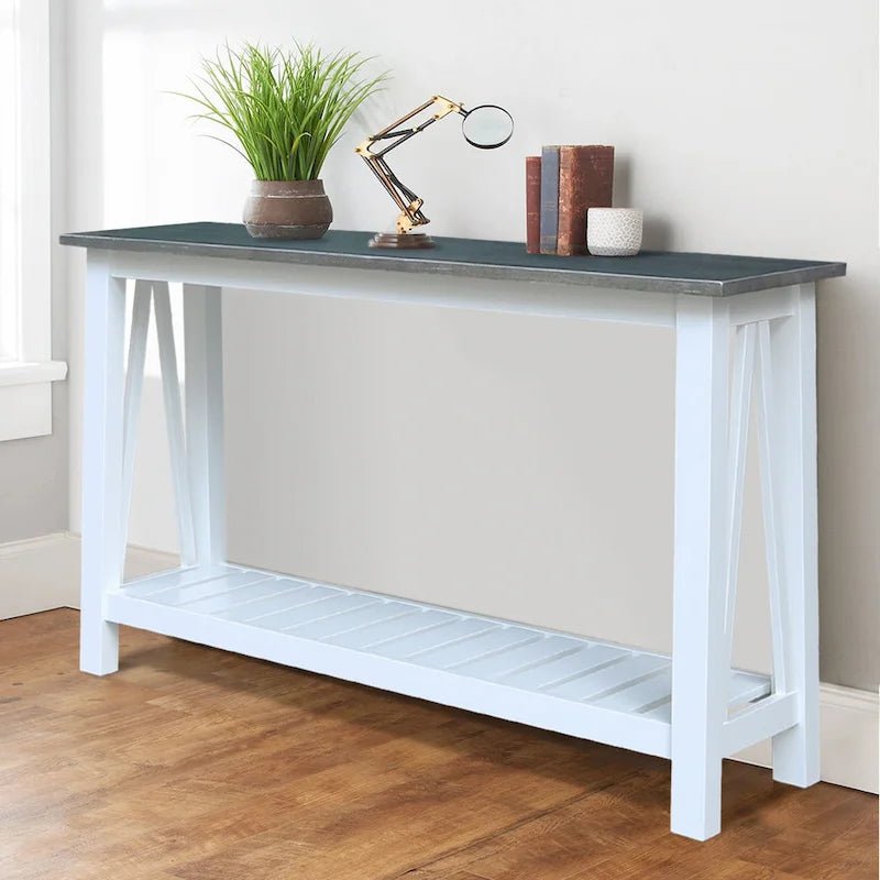 White / Unfinished / Blue Solid Parawood Console Sofa Table with Lower Shelf – Butcher Block Top