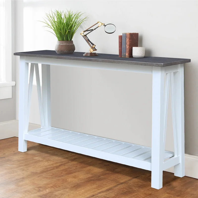 White / Unfinished / Blue Solid Parawood Console Sofa Table with Lower Shelf – Butcher Block Top