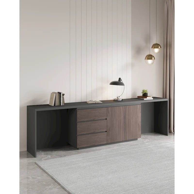 Black & Brown L-Shaped Double Workstation Desk with Drawers & Cabinets – 2-Person