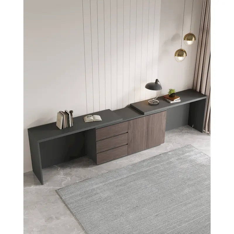 Black & Brown L-Shaped Double Workstation Desk with Drawers & Cabinets – 2-Person