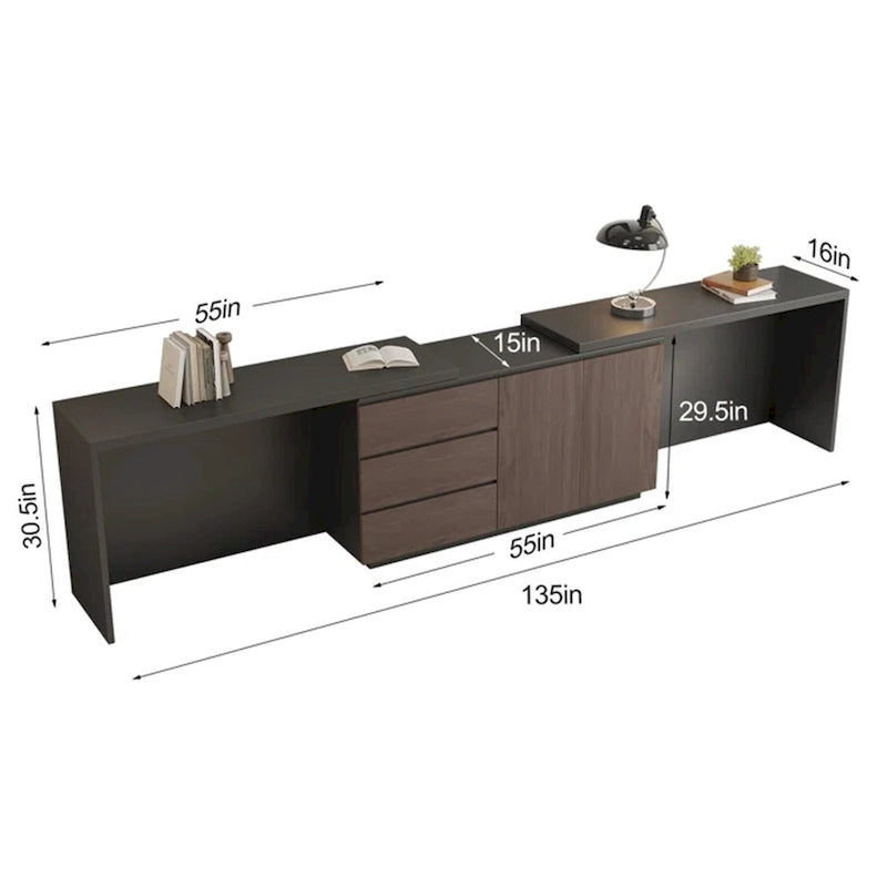 Black & Brown L-Shaped Double Workstation Desk with Drawers & Cabinets – 2-Person