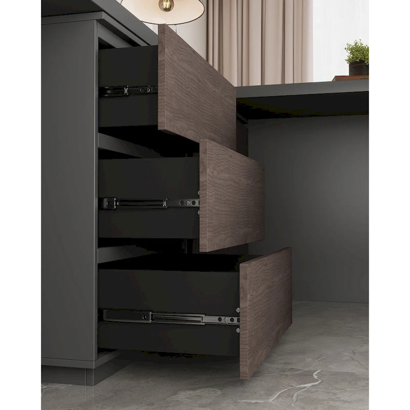 Black & Brown L-Shaped Double Workstation Desk with Drawers & Cabinets – 2-Person