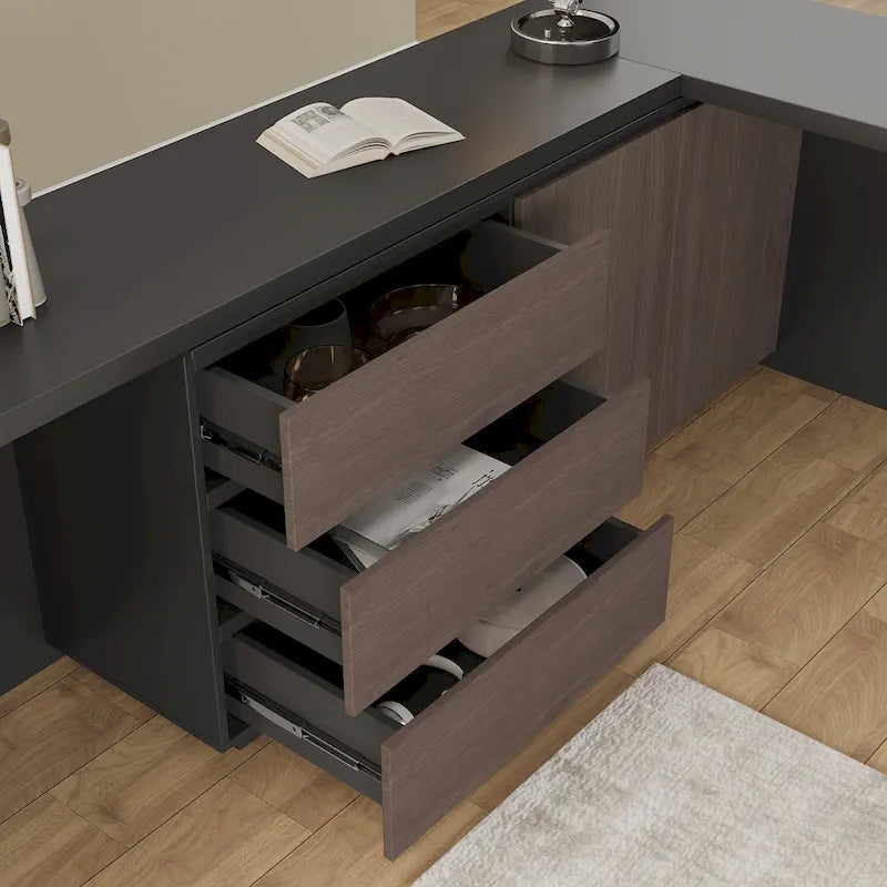 Black & Brown L-Shaped Double Workstation Desk with Drawers & Cabinets – 2-Person