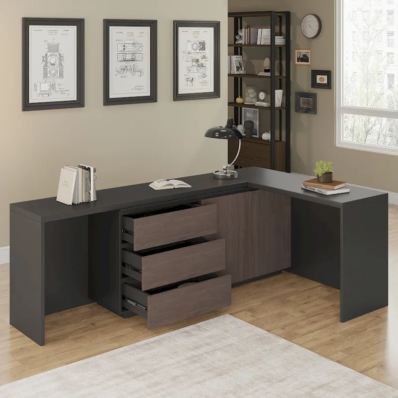 Black & Brown L-Shaped Double Workstation Desk with Drawers & Cabinets – 2-Person