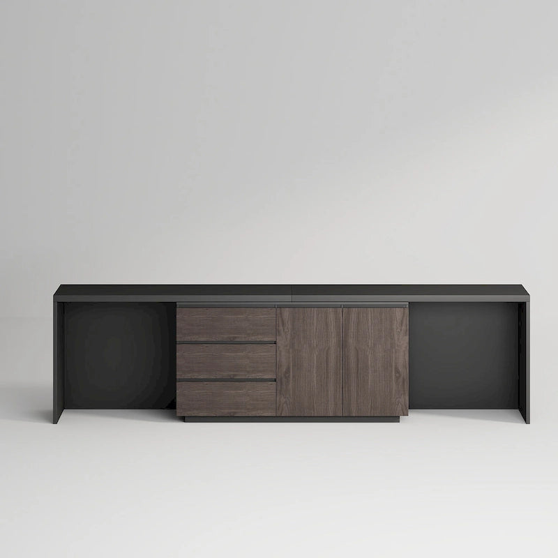 Black & Brown L-Shaped Double Workstation Desk with Drawers & Cabinets – 2-Person