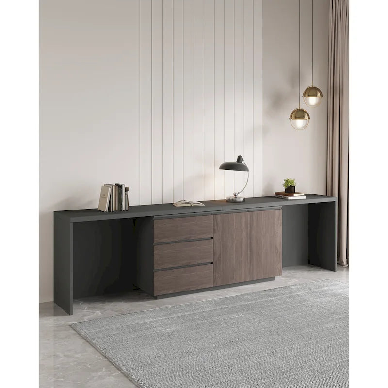 Black & Brown L-Shaped Double Workstation Desk with Drawers & Cabinets – 2-Person