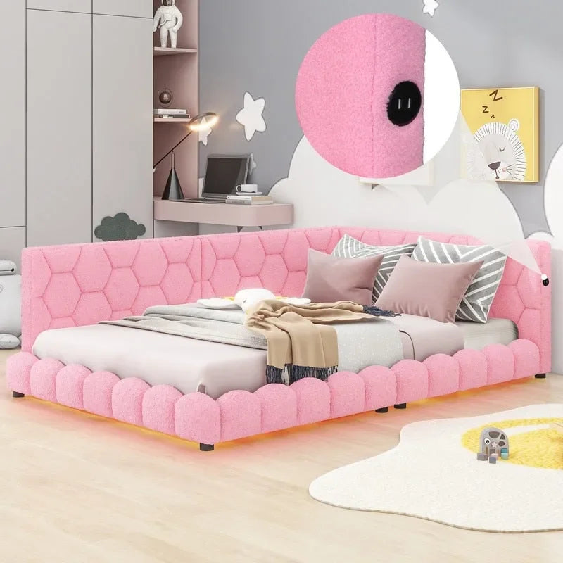 White / Pink Teddy Upholstered Full Size Platform Bed with LED Lighting & USB Ports – 1-Person