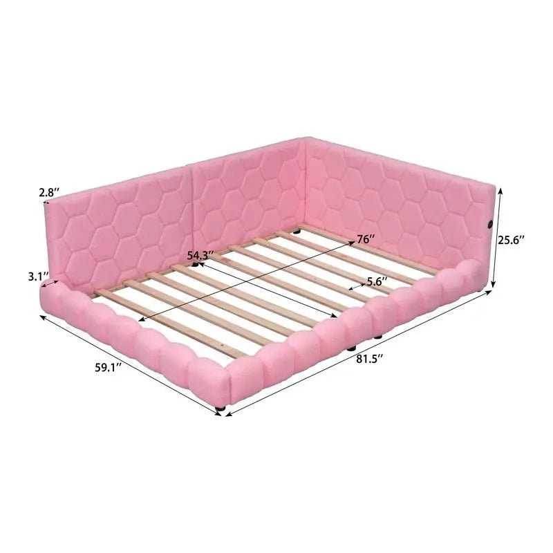 White / Pink Teddy Upholstered Full Size Platform Bed with LED Lighting & USB Ports – 1-Person