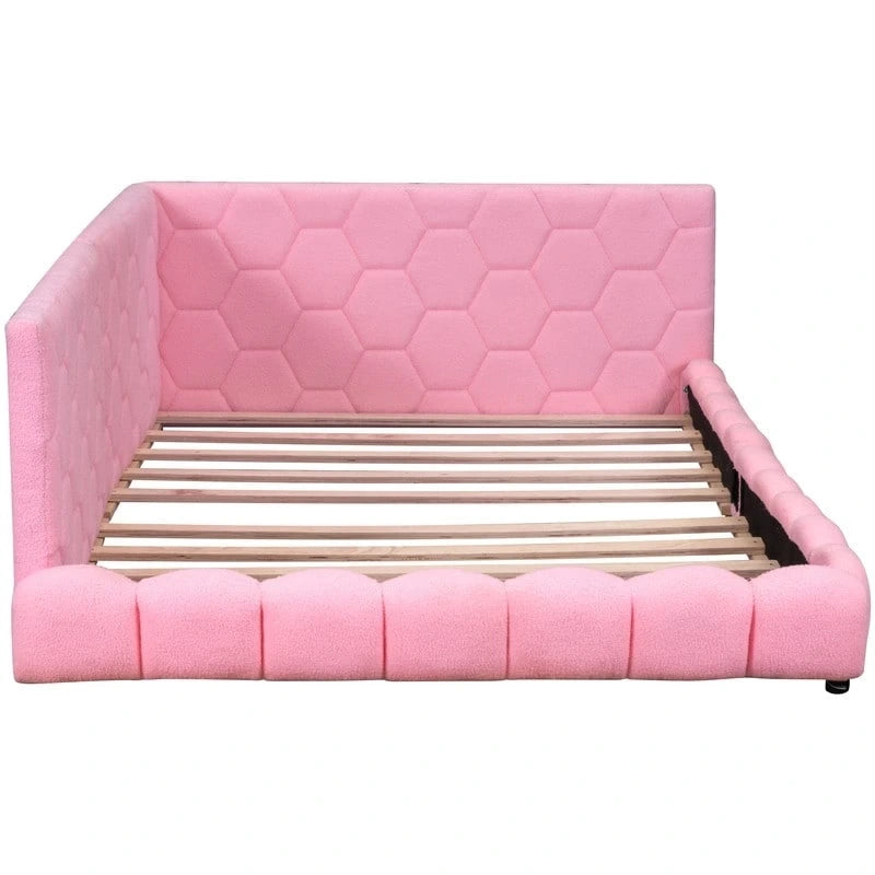 White / Pink Teddy Upholstered Full Size Platform Bed with LED Lighting & USB Ports – 1-Person