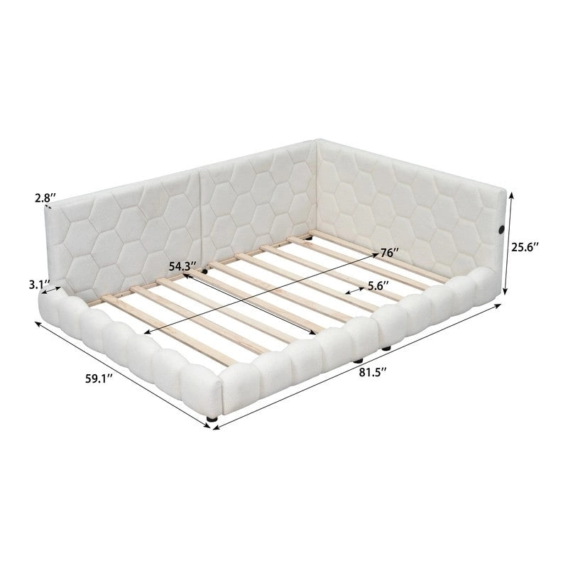 White / Pink Teddy Upholstered Full Size Platform Bed with LED Lighting & USB Ports – 1-Person