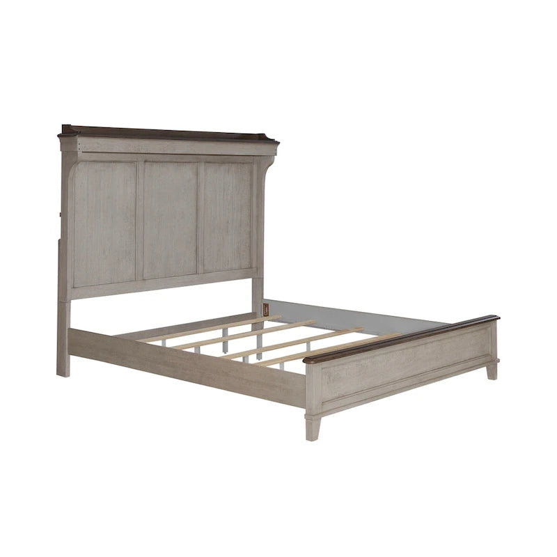 White Weathered Linen King Mantle Panel Bed with Touch LED Headboard & Dusty Taupe Accents – 2-Person