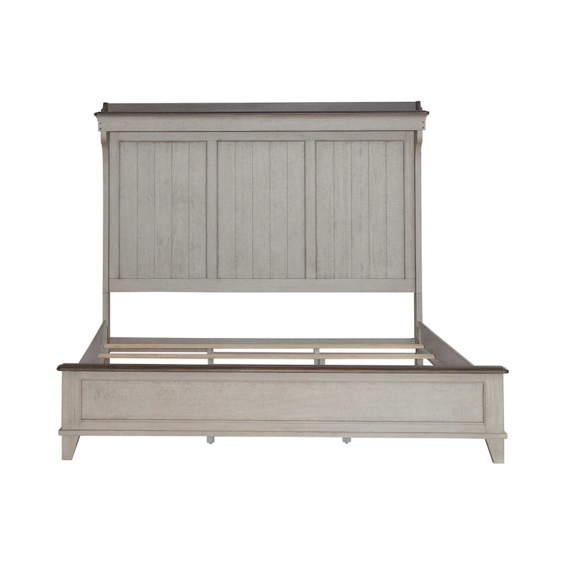 White Weathered Linen King Mantle Panel Bed with Touch LED Headboard & Dusty Taupe Accents – 2-Person