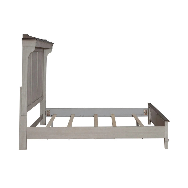 White Weathered Linen King Mantle Panel Bed with Touch LED Headboard & Dusty Taupe Accents – 2-Person