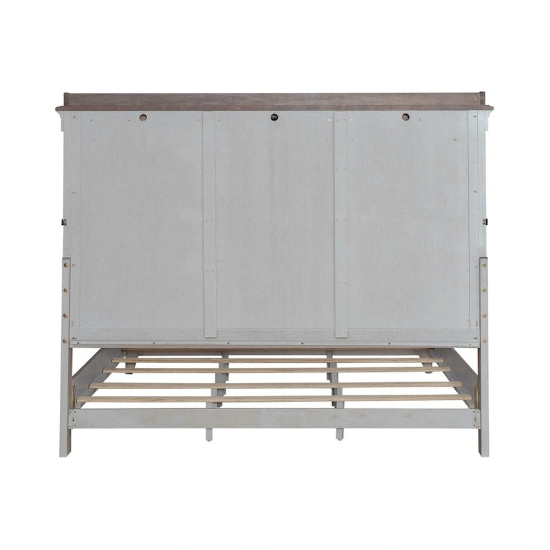 White Weathered Linen King Mantle Panel Bed with Touch LED Headboard & Dusty Taupe Accents – 2-Person