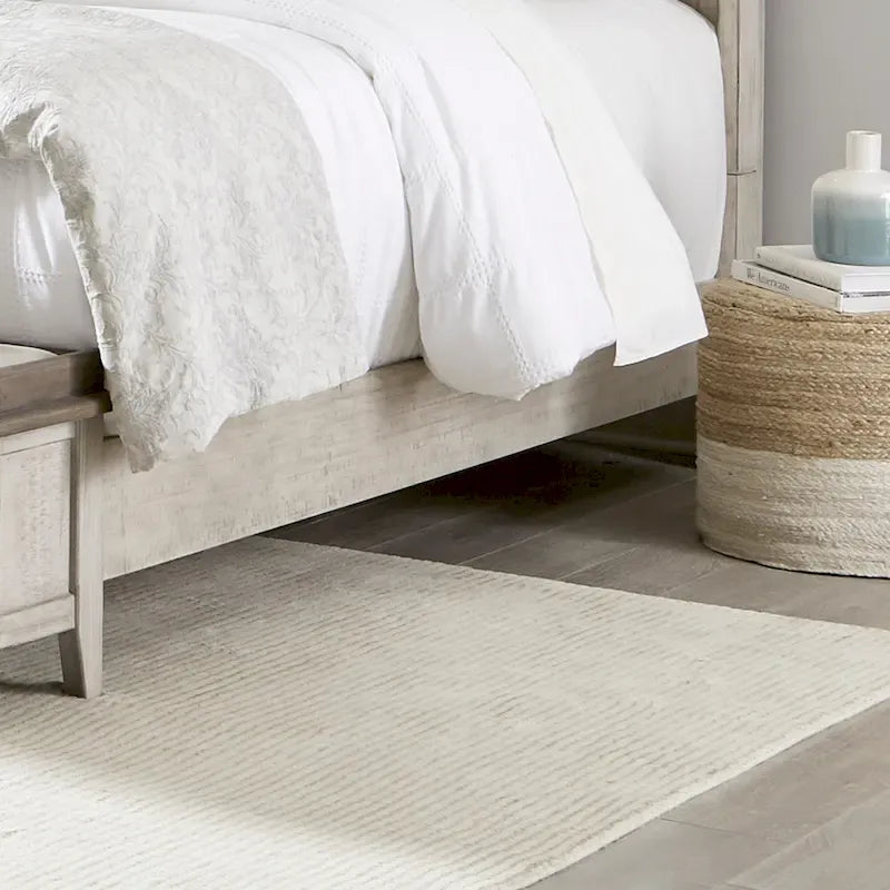 White Weathered Linen King Mantle Panel Bed with Touch LED Headboard & Dusty Taupe Accents – 2-Person