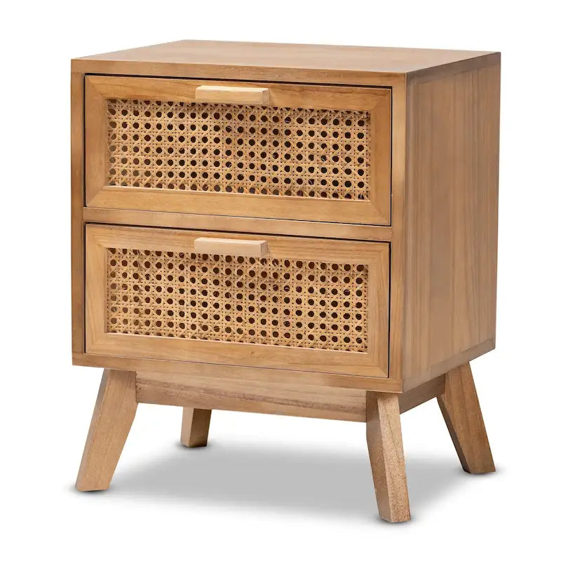 Natural Brown & Walnut Brown 2-Drawer Rattan End Table with Angled Legs