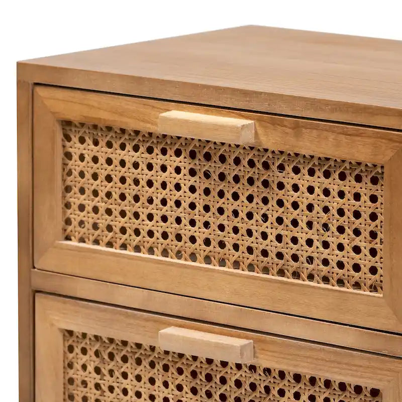 Natural Brown & Walnut Brown 2-Drawer Rattan End Table with Angled Legs