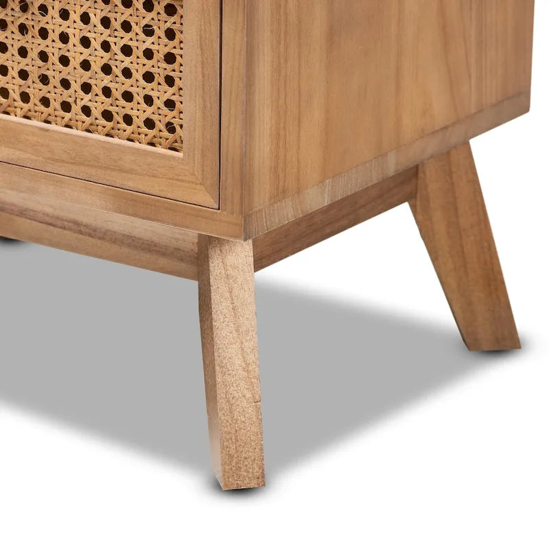 Natural Brown & Walnut Brown 2-Drawer Rattan End Table with Angled Legs
