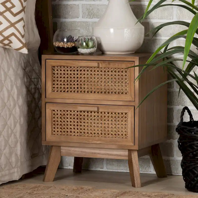 Natural Brown & Walnut Brown 2-Drawer Rattan End Table with Angled Legs