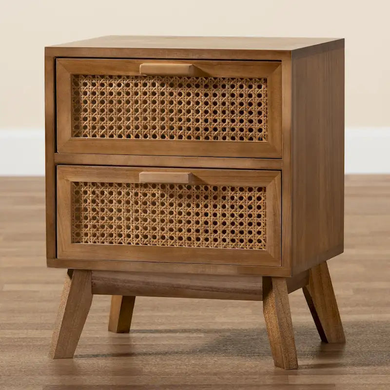 Natural Brown & Walnut Brown 2-Drawer Rattan End Table with Angled Legs