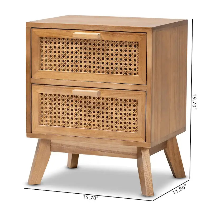 Natural Brown & Walnut Brown 2-Drawer Rattan End Table with Angled Legs