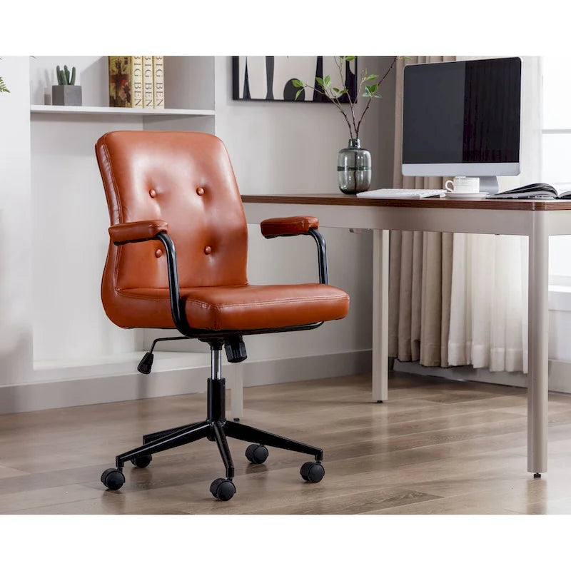 Brown / White / Black Button-Tufted PU Leather Office Chair, Mid-Back, Single Seat