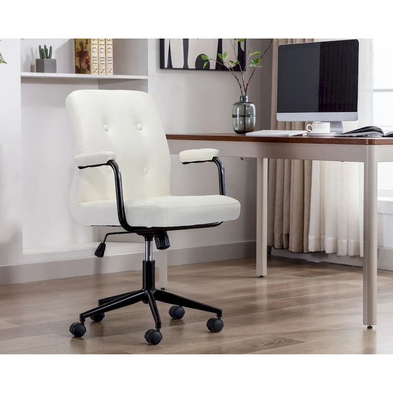 Brown / White / Black Button-Tufted PU Leather Office Chair, Mid-Back, Single Seat