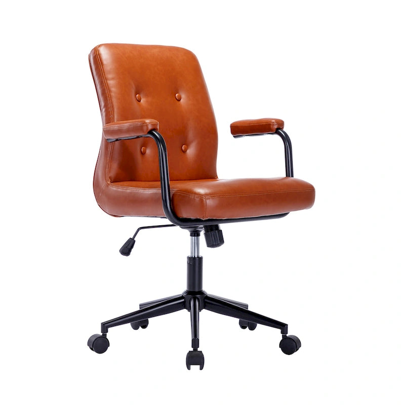 Brown / White / Black Button-Tufted PU Leather Office Chair, Mid-Back, Single Seat