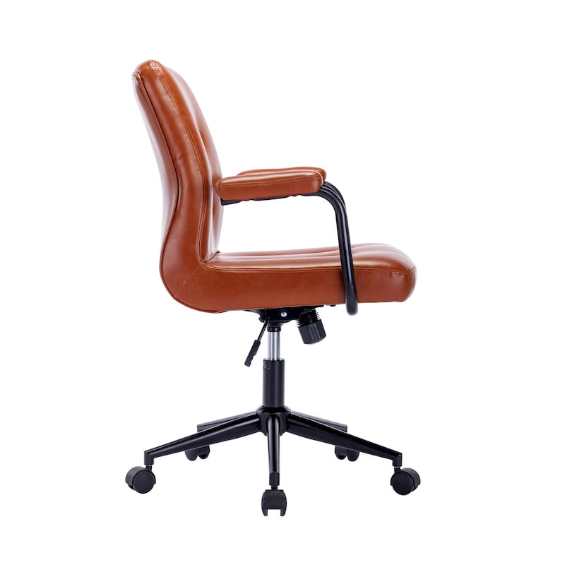 Brown / White / Black Button-Tufted PU Leather Office Chair, Mid-Back, Single Seat