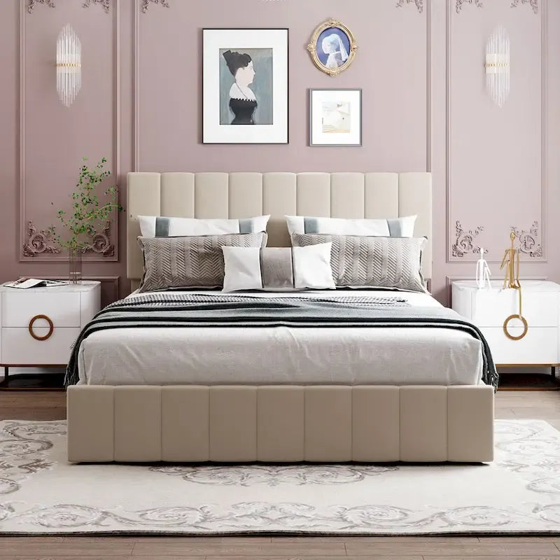Beige Linen Upholstered Queen Platform Bed with Hydraulic Under-Bed Storage & Headboard – 2-Person