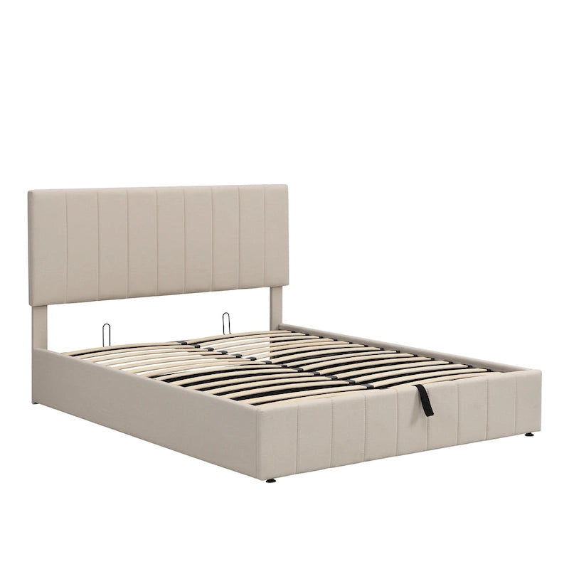 Beige Linen Upholstered Queen Platform Bed with Hydraulic Under-Bed Storage & Headboard – 2-Person