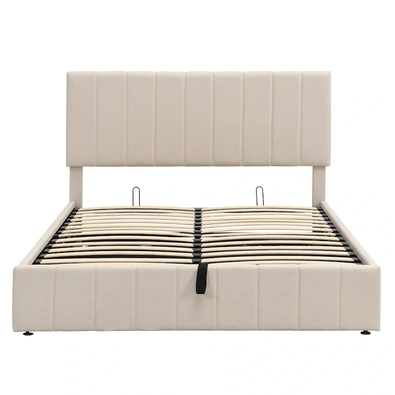 Beige Linen Upholstered Queen Platform Bed with Hydraulic Under-Bed Storage & Headboard – 2-Person