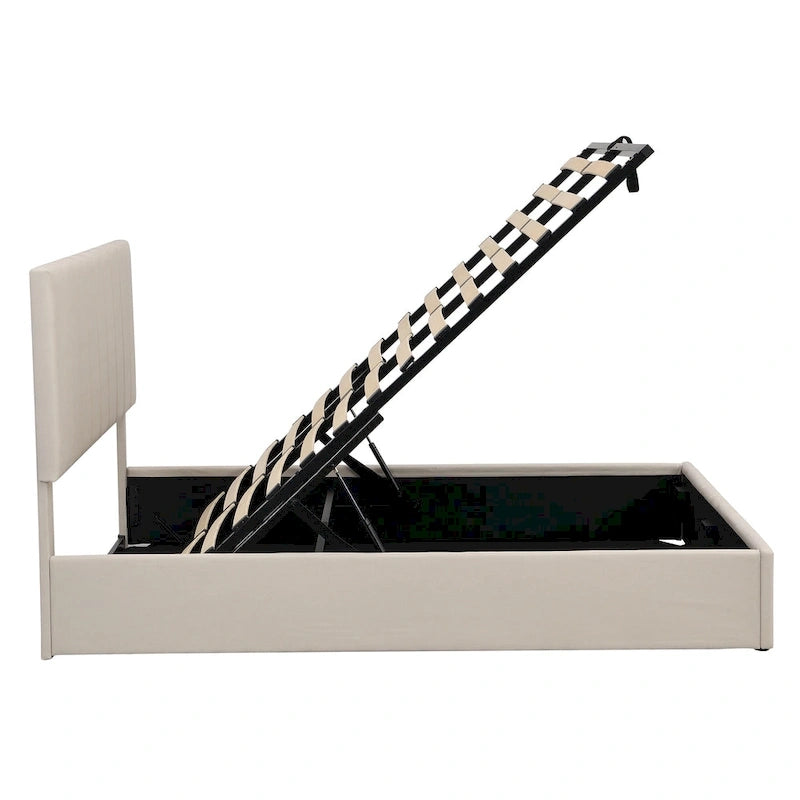 Beige Linen Upholstered Queen Platform Bed with Hydraulic Under-Bed Storage & Headboard – 2-Person