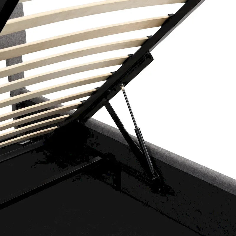 Beige Linen Upholstered Queen Platform Bed with Hydraulic Under-Bed Storage & Headboard – 2-Person