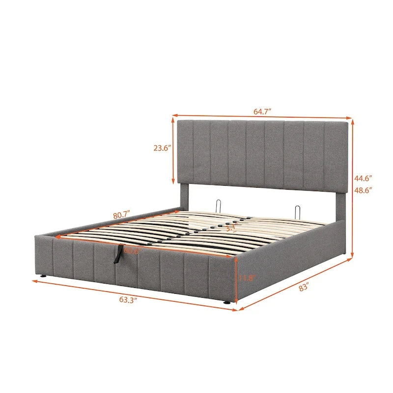 Beige Linen Upholstered Queen Platform Bed with Hydraulic Under-Bed Storage & Headboard – 2-Person