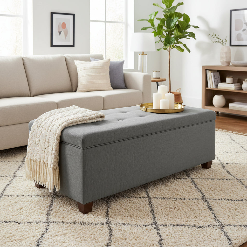 Multi-Color Linen Button Tufted Storage Bench with Espresso Wood Legs – 1-Seat