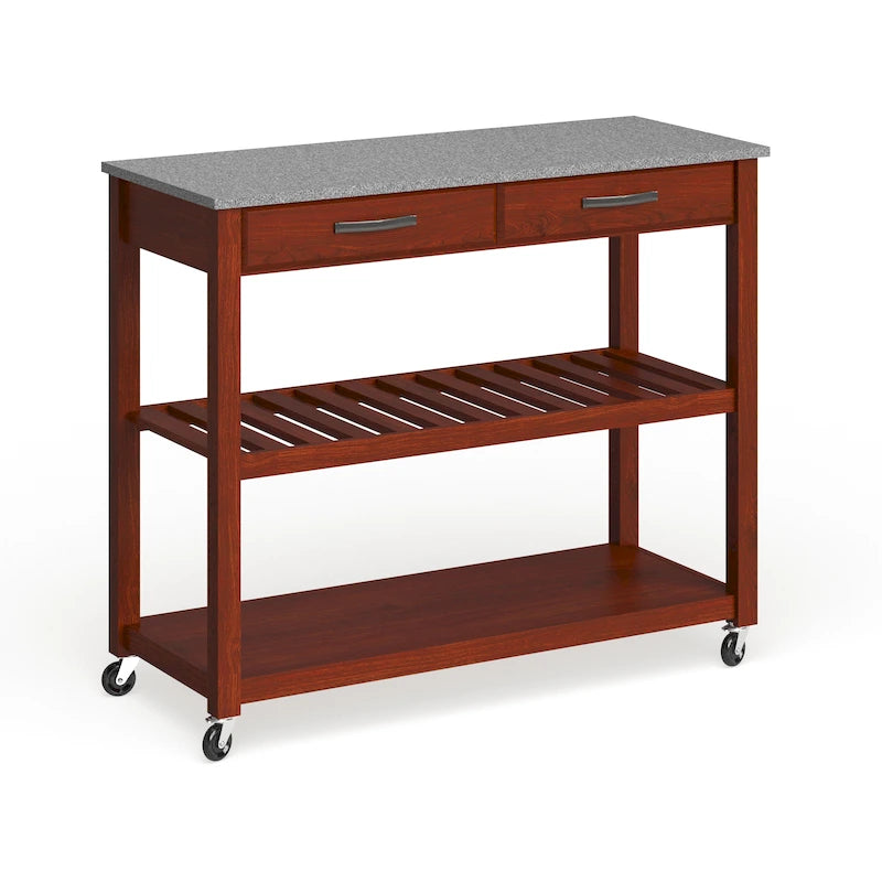 Cherry Wood Kitchen Cart with Granite Countertop, 2 Drawers, Slatted Shelf & Casters – Traditional Style