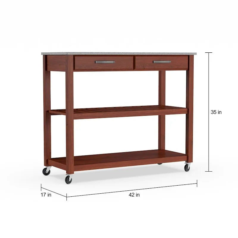 Cherry Wood Kitchen Cart with Granite Countertop, 2 Drawers, Slatted Shelf & Casters – Traditional Style