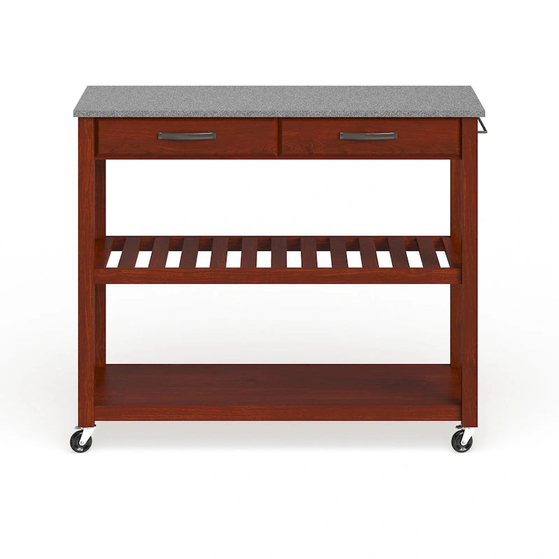 Cherry Wood Kitchen Cart with Granite Countertop, 2 Drawers, Slatted Shelf & Casters – Traditional Style