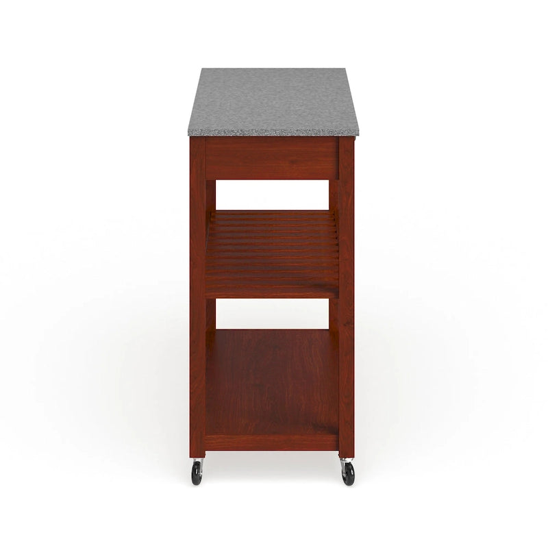 Cherry Wood Kitchen Cart with Granite Countertop, 2 Drawers, Slatted Shelf & Casters – Traditional Style